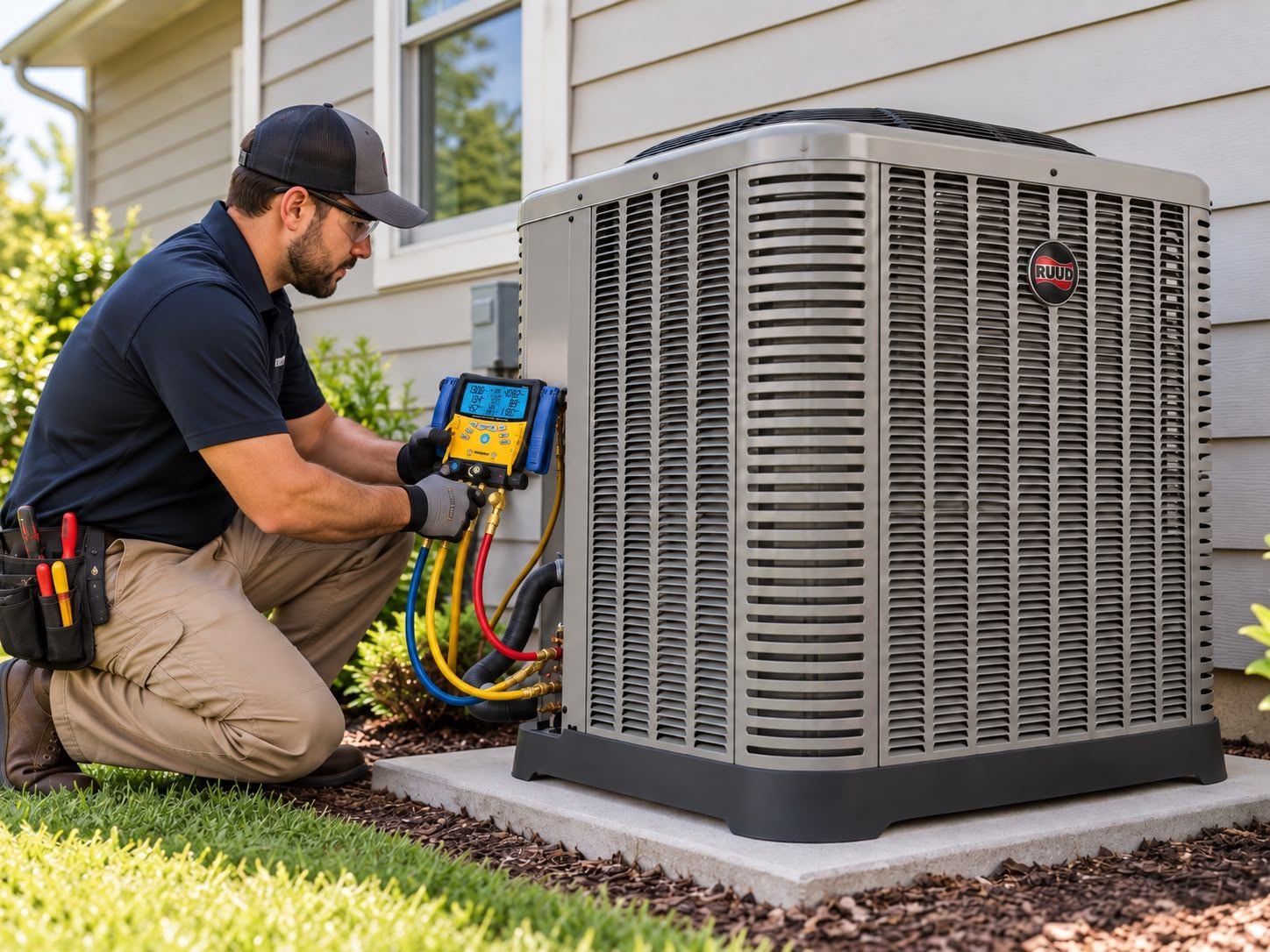 Technician checking an outdoor air conditioning unit with gauges